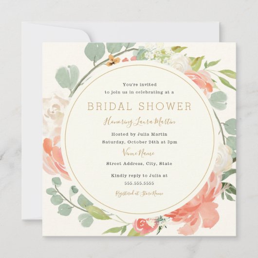 Roze Perzik Krans Bloemige Trouw Bruiloft Uitnodig Kaart (Voorkant)
