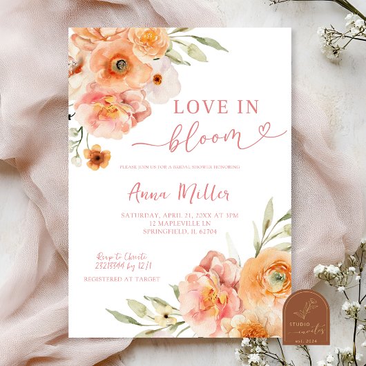 Roze Perzik Love in Bloom Bruiloftsuitnodiging Kaart