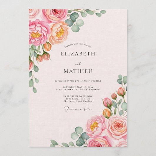 Roze & Perzik Lush Botanische Bruiloft Kaart (Voorkant)