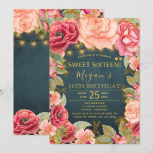 Roze perzik marine goud slingerlichten sweet 16 kaart