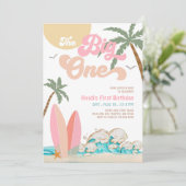 Roze perzik meisje de grote surfen 1e verjaardag kaart (Staand voorkant)