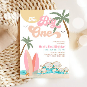 Roze Perzik Meisje The Big One Surfen 1e Verjaarda Kaart