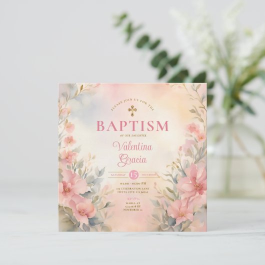 Roze Perzik Meisje Waterverf Doop Kruis Bloemen Kaart (Staand voorkant)