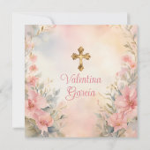 Roze Perzik Meisje Waterverf Doop Kruis Bloemen Kaart (Achterkant)