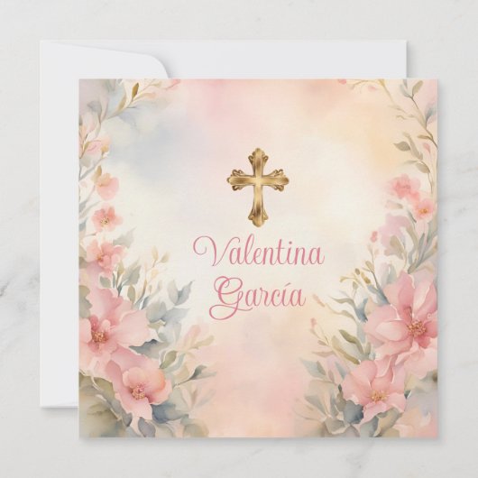 Roze Perzik Meisje Waterverf Doop Kruis Bloemen Kaart (Achterkant)