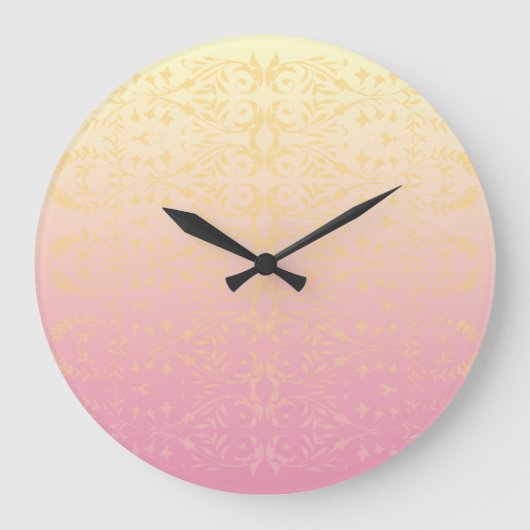 Roze Perzik Pastel Damask Wall Clock Grote Klok (Voorkant)