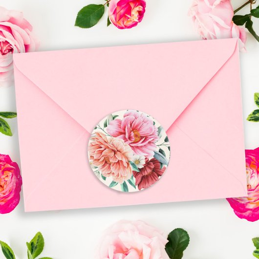 Roze Perzik Pioenrozen Bourgondiërode Bloemen Blad Ronde Sticker