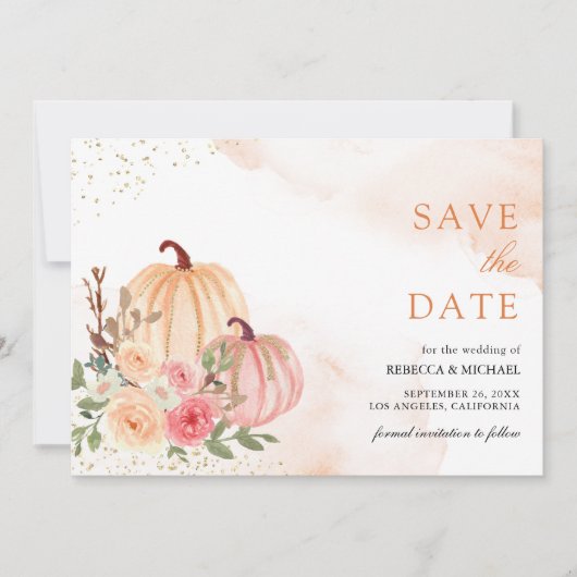 Roze Perzik Pompoen Bloemen Huwelijk Save The Date (Voorkant)