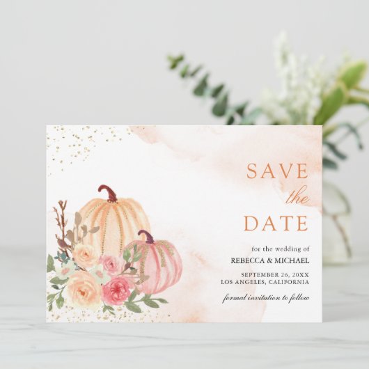 Roze Perzik Pompoen Bloemen Huwelijk Save The Date (Staand voorkant)