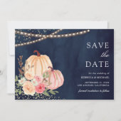 Roze Perzik Pompoen Bloemen Marine Blauw Huwelijk Save The Date (Voorkant)