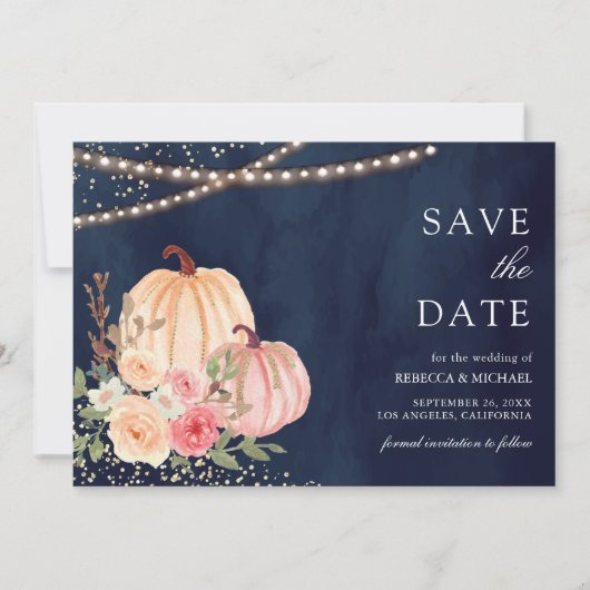 Roze Perzik Pompoen Bloemen Marine Blauw Huwelijk Save The Date (Voorkant)