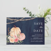 Roze Perzik Pompoen Bloemen Marine Blauw Huwelijk Save The Date (Staand voorkant)
