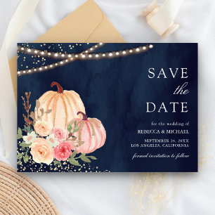 Roze Perzik Pompoen Bloemen Marine Blauw Huwelijk Save The Date