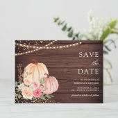 Roze Perzik Pompoen Bloemen Schuur Hout Huwelijk Save The Date (Staand voorkant)