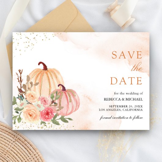 Roze Perzik Pompoen Bloemige Bruiloft Save The Date