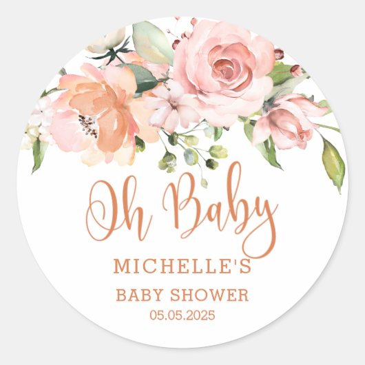 Roze perzik rozen Baby shower Ronde Sticker (Voorkant)