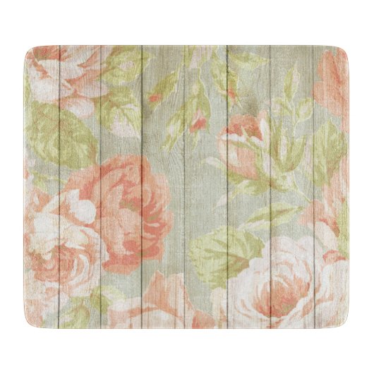 Roze Perzik Rozen Country Fence Glass Snijplank (Voorkant)