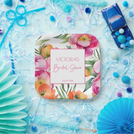 Roze perzik sinaasappel pioenen elegant vrijgezell papieren bordje (Feest)