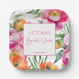 Roze perzik sinaasappel pioenen elegant vrijgezell papieren bordje