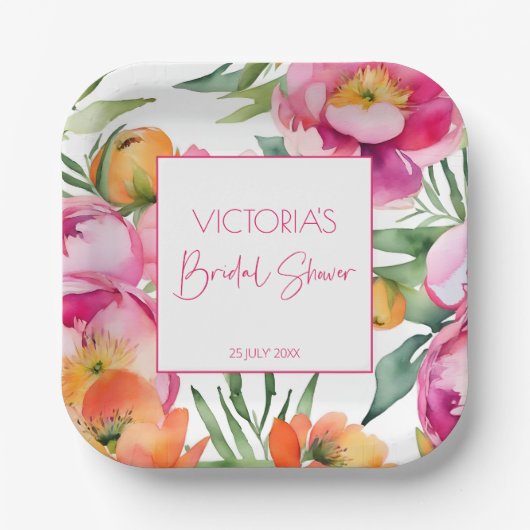 Roze perzik sinaasappel pioenen elegant vrijgezell papieren bordje (Voorkant)