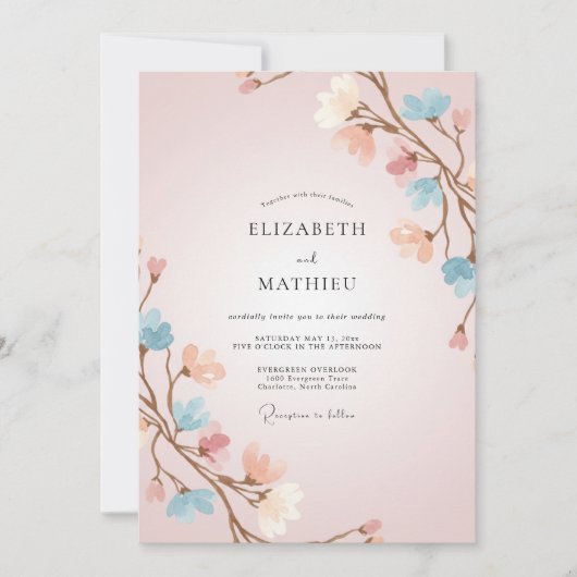 Roze Perzik Tak Eucalyptus Bruiloft Kaart (Voorkant)