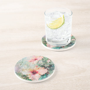 Roze Perzik Tropische Hibiscus Bloemen Verjaardag Zandsteen Onderzetter