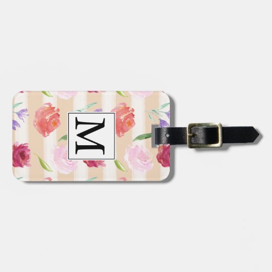 Roze Perzik Waterverf Bloemen en Strepen Monogram Bagagelabel (Voorkant horizontaal)