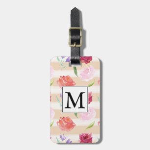 Roze Perzik Waterverf Bloemen en Strepen Monogram Bagagelabel