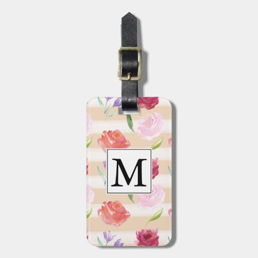 Roze Perzik Waterverf Bloemen en Strepen Monogram Bagagelabel (Voorkant verticaal)