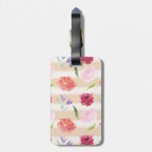 Roze Perzik Waterverf Bloemen en Strepen Monogram Bagagelabel (Achterkant verticaal)