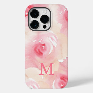Roze Perzik Waterverf Bloemenmonogram Case-Mate iPhone 14 Pro Hoesje