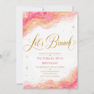 Roze Perzik Waterverf Goud Glitter Laten we Brunch Kaart