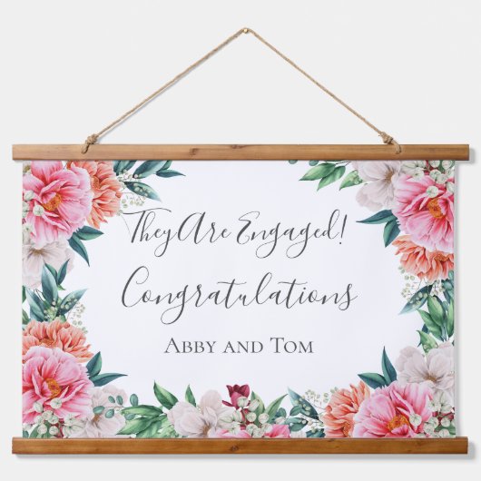 Roze Perzik Witte Bloemige Pioen Trouwbanner Hangend Wandkleed (Voorkant)