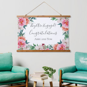 Roze Perzik Witte Bloemige Pioen Trouwbanner Hangend Wandkleed