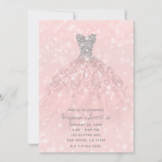 Roze Perzik Zilver Glitter Sparkle Dress Sweet 16 Kaart (Voorkant)
