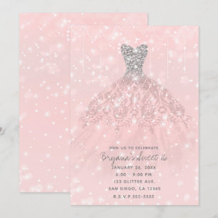 Roze Perzik Zilver Glitters Strikjurk Sweet 16 Kaart
