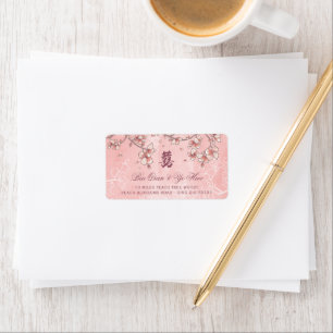 Roze Perzikblad Floral Chinees huwelijksadres Etiket