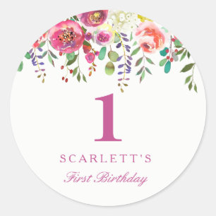 Roze Perzikbloemen meisje 1 geboorte-avor-zegel Ronde Sticker