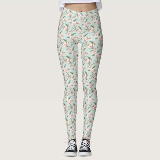Roze perzikboom bloesem all-over-print Leggings (Voorkant)