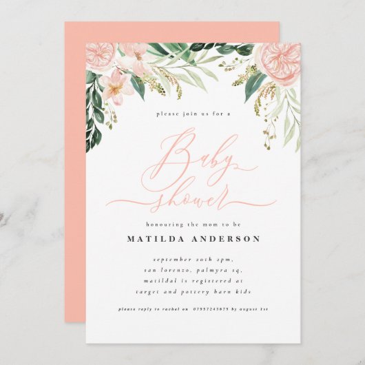 Roze perziken florale watecolor baby shower (Voorkant / Achterkant)