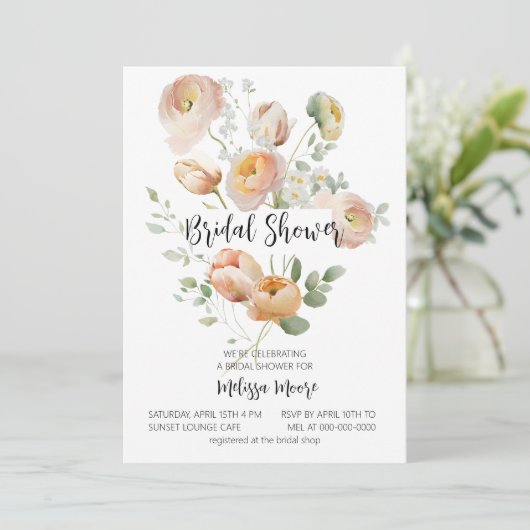 Roze perzikenbloem Bridal Shower-uitnodiging Kaart (Staand voorkant)