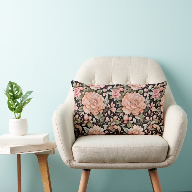 Roze Perzikgroen Zwart Achtergrond Bloem Kussen (Stoel)