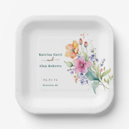 Roze perzikkleurige gele bloemen papieren bordje