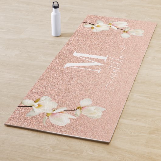 Roze perzikkoraalglitter magnolia floral yogamat (In situ)