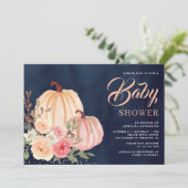 Roze perzikpompoen Floral Navy Blue Baby shower Kaart (Staand voorkant)