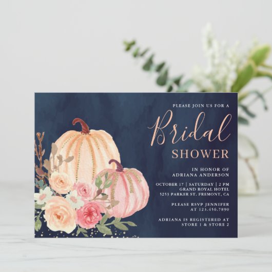 Roze perzikpompoen Floral Navy Blue Vrijgezellenfe Kaart (Staand voorkant)