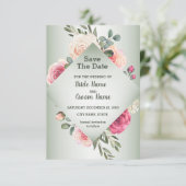 Roze Perzikrozen Rustieke Groene Geometrisch Save The Date (Staand voorkant)