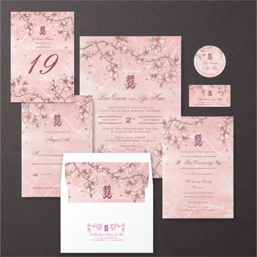 Roze Perzische bloesems Romantische Florals Asian RSVP Kaartje