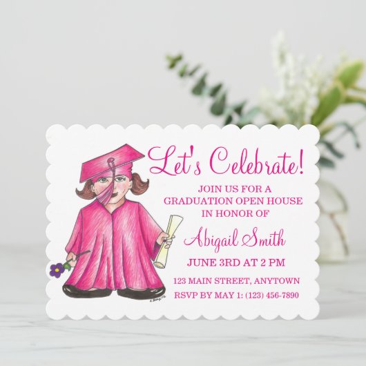Roze Pet Gown School Graduparty Open House Kaart (Staand voorkant)