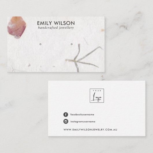 ROZE PETAAL HANDGEMAAKT PAPIER STUD OORBEL DISPLAY VISITEKAARTJE (Voorkant / Achterkant)